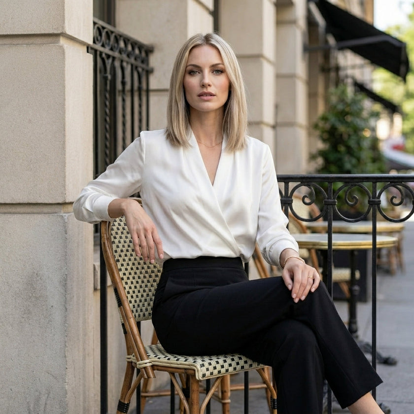 FJØRNA women's summer satin blouse with V-neck and long sleeves, casual stylish top for warm weather, shown in a lifestyle setting.