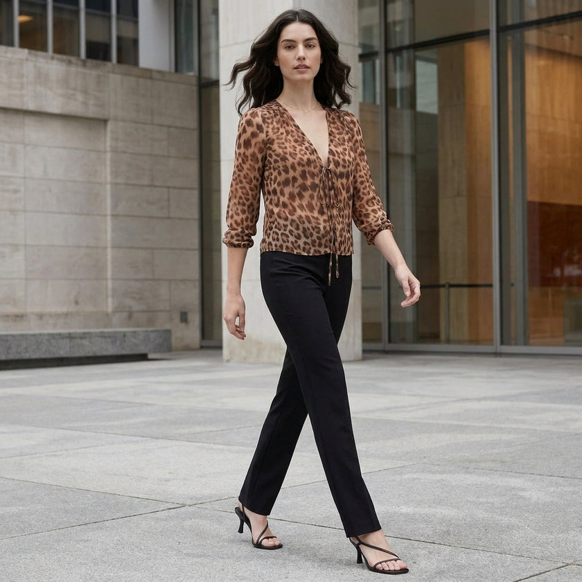 FJØRNA women's summer V-neck long sleeve denim blouse worn casually outdoors with rolled-up sleeves and relaxed fit.