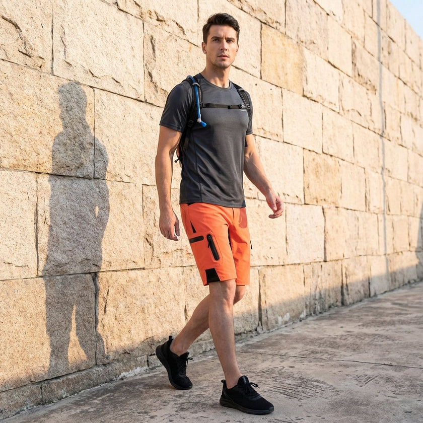 Men's outdoor performance shorts by FJØRNA with zippered pockets, shown in a relaxed lifestyle setting.