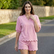 FJØRNA Blush Breeze relaxed lounge set with scalloped shorts, casual 2-piece loungewear for comfortable everyday wear.