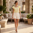 FJØRNA women's floral summer blouse with square neckline, lightweight top perfect for warm weather and casual outings.