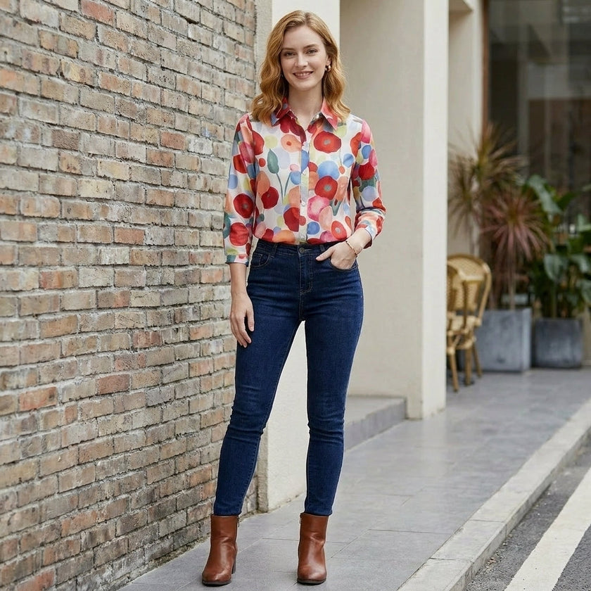 FJØRNA women's floral long sleeve denim blouse worn casually, showcasing its relaxed fit and vibrant floral pattern.