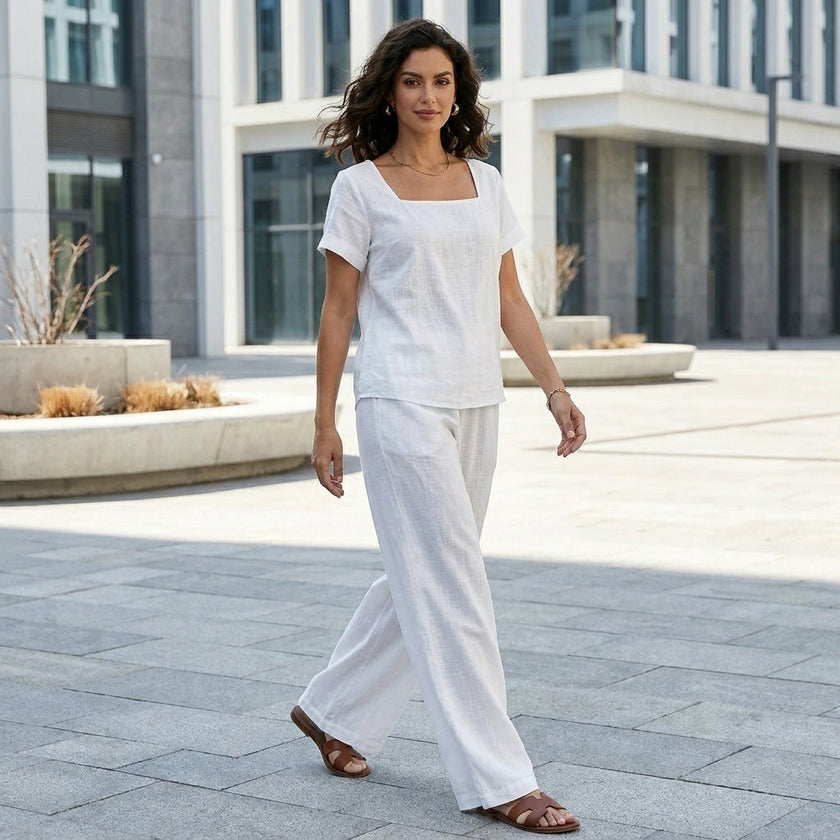 FJØRNA Coastal Breeze relaxed top and wide-leg pant 2-piece set worn by a woman in a casual seaside setting.