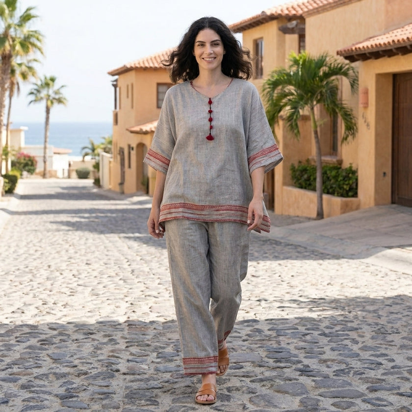 FJØRNA relaxed embroidered trim two-piece lounge set, casual lifestyle image showcasing comfortable matching top and pants.