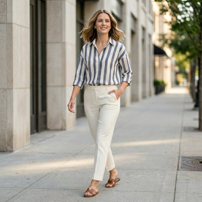FJØRNA summer striped blouse for women, long sleeve top with casual fit, worn outdoors in a lifestyle setting.