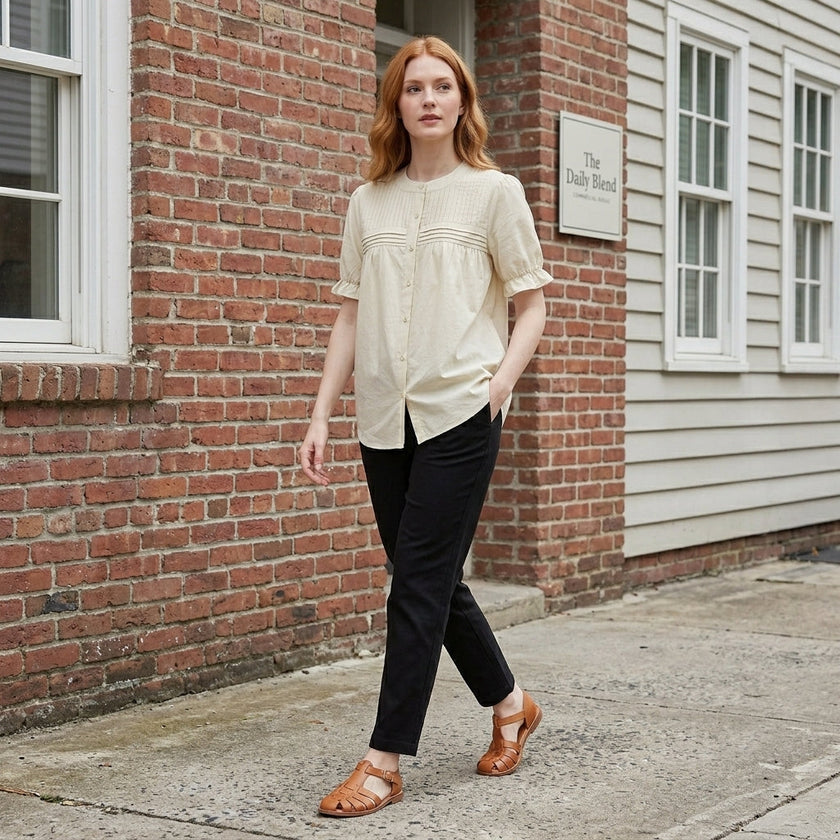 FJØRNA women's summer blouse with puff sleeves, denim fabric, and button front, styled casually in a lifestyle setting.