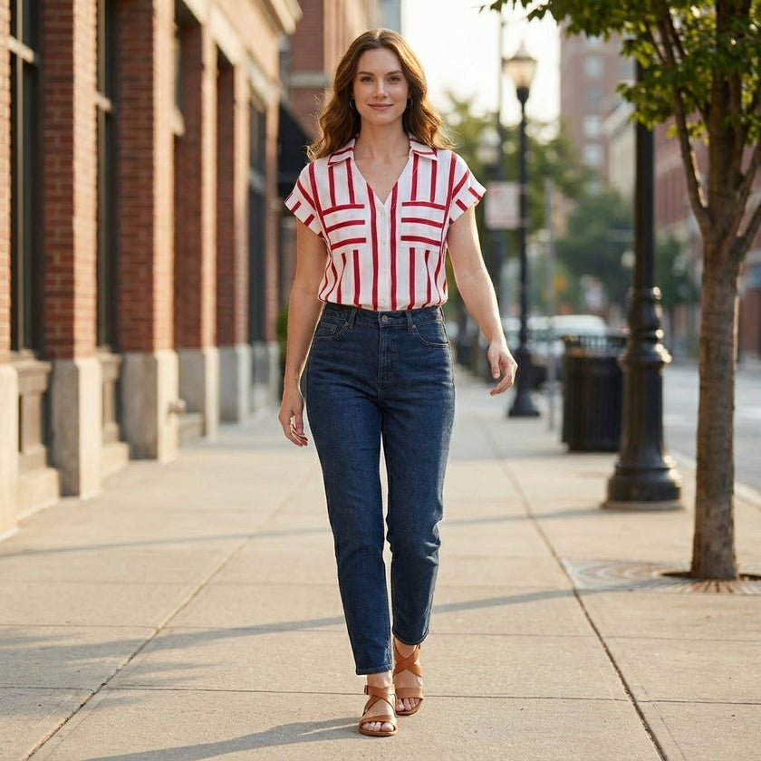 FJØRNA women's summer striped V-neck blouse worn by a woman outdoors, featuring lightweight fabric and casual style.