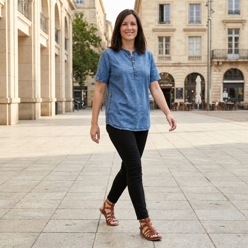 FJØRNA women's denim summer top with button front, casual sleeveless blouse, styled with outdoor background