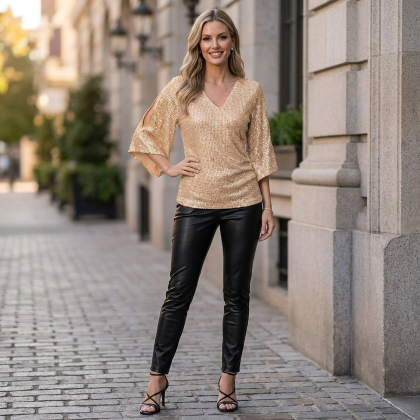 FJØRNA women's summer blouse with V-neck and sequin embellishments, featuring a stylish, flowy design perfect for warm weather.