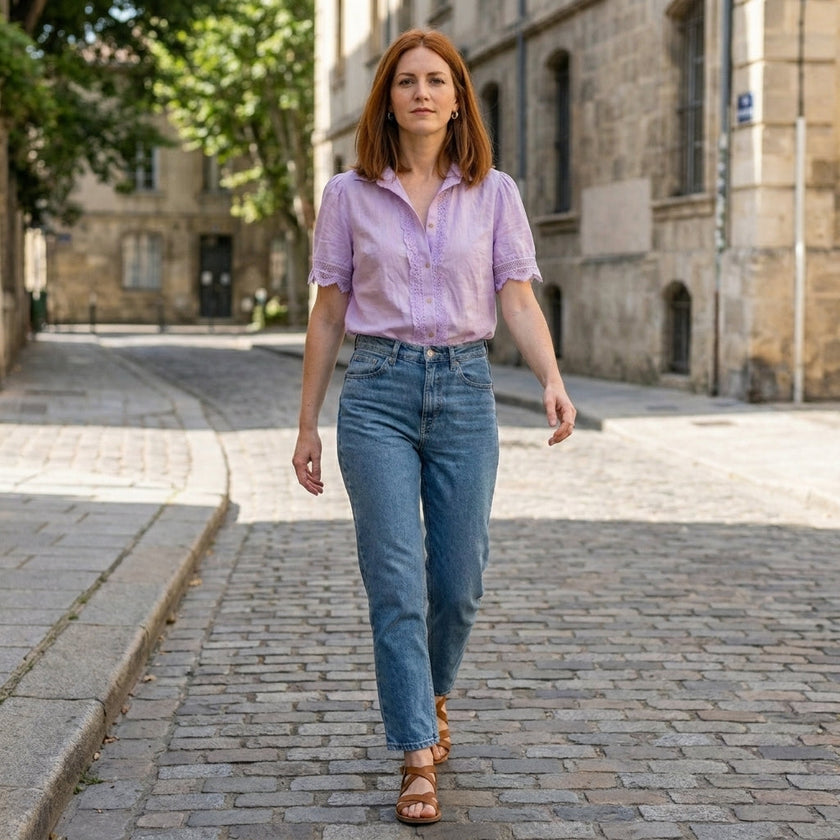 FJØRNA women's summer blouse with V-neck, short sleeves, lace fabric, styled casually outdoors