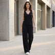 FJØRNA relaxed V-neck sleeveless lounge set with wide-leg pants, casual and comfortable 2-piece outfit for home wear.