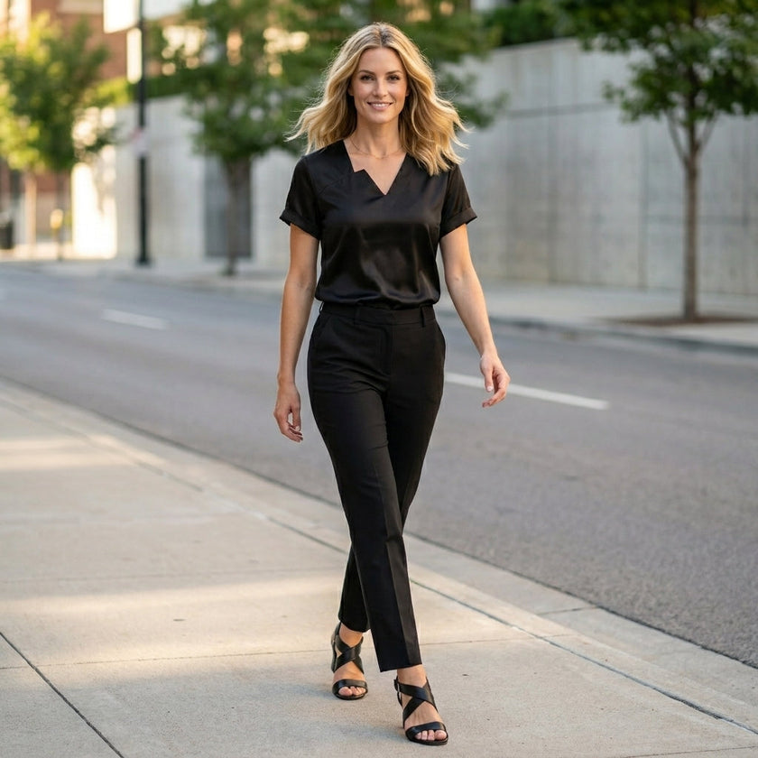 FJØRNA women's summer satin blouse with V-neck and short sleeves, styled casually in a relaxed lifestyle setting.