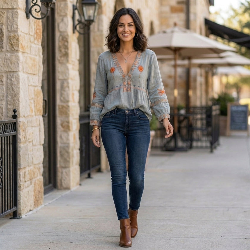FJØRNA summer floral blouse for women featuring a flowy design and V-neck, styled in a casual outdoor setting.