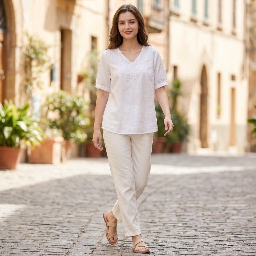 FJØRNA women's floral V-neck linen summer blouse, casual top with lightweight fabric and relaxed fit, ideal for warm weather.