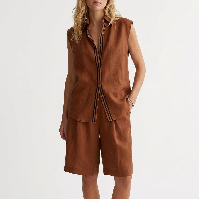 FJØRNA relaxed sleeveless button-up shirt and wide-leg pleated shorts set in light brown, casual summer 2-piece outfit.