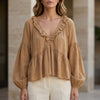 Light brown women's summer blouse by FJØRNA featuring a V-neck, long sleeves, and ruffle denim design.