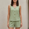 Light green FJØRNA relaxed sleeveless button-front lounge set, 2-piece lounge set for comfortable home wear.