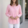 Light pink linen summer blouse for women with button front, stylish FJØRNA top perfect for warm-weather outfits