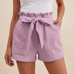 Light purple women's summer linen shorts with high waist and pockets from FJØRNA, suitable for warm weather and casual wear.