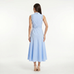 Light blue women's sleeveless lace panel midi dress by FJØRNA, back view showing delicate lace details and flowing silhouette.