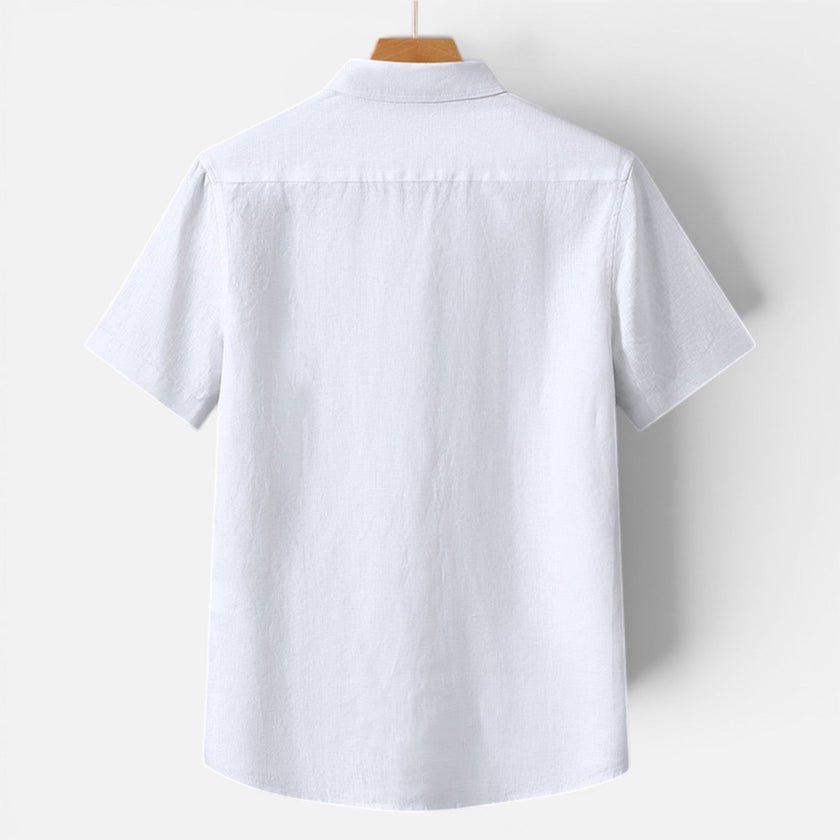 Men's FJØRNA linen shirt with short sleeves, breathable fabric, classic fit, perfect for casual and summer wear.