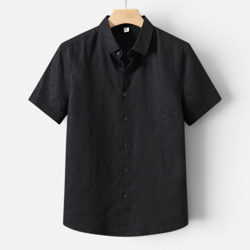 Men's breathable linen shirt by FJØRNA, short sleeve, classic fit, lightweight and comfortable for warm weather.
