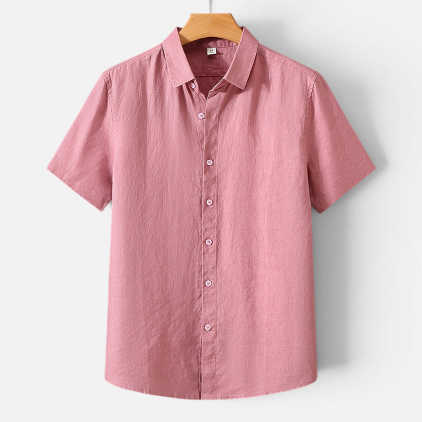 Men's FJØRNA linen shirt with short sleeves, breathable fabric, and classic fit, perfect for casual or summer wear.