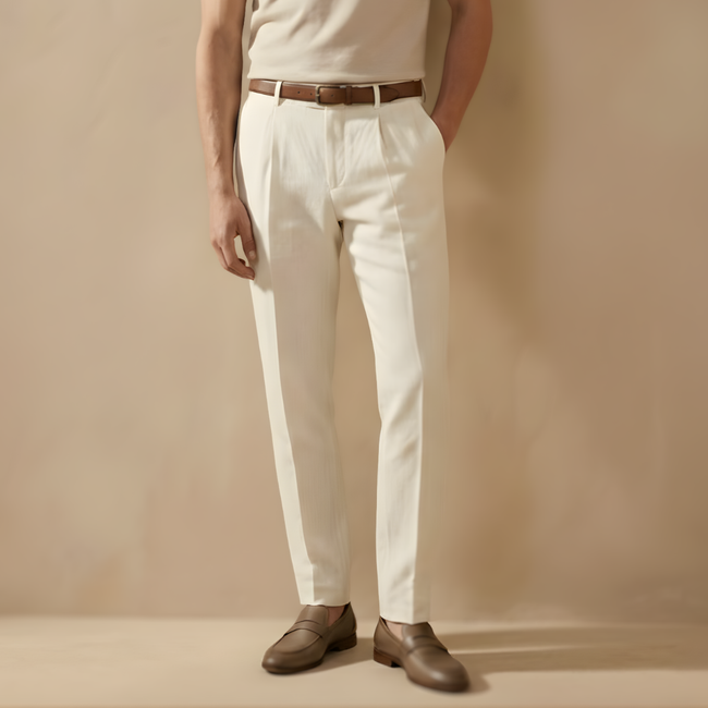 FJØRNA men's linen blend straight leg trousers with relaxed fit, casual style, featuring a comfortable waistband and classic design.