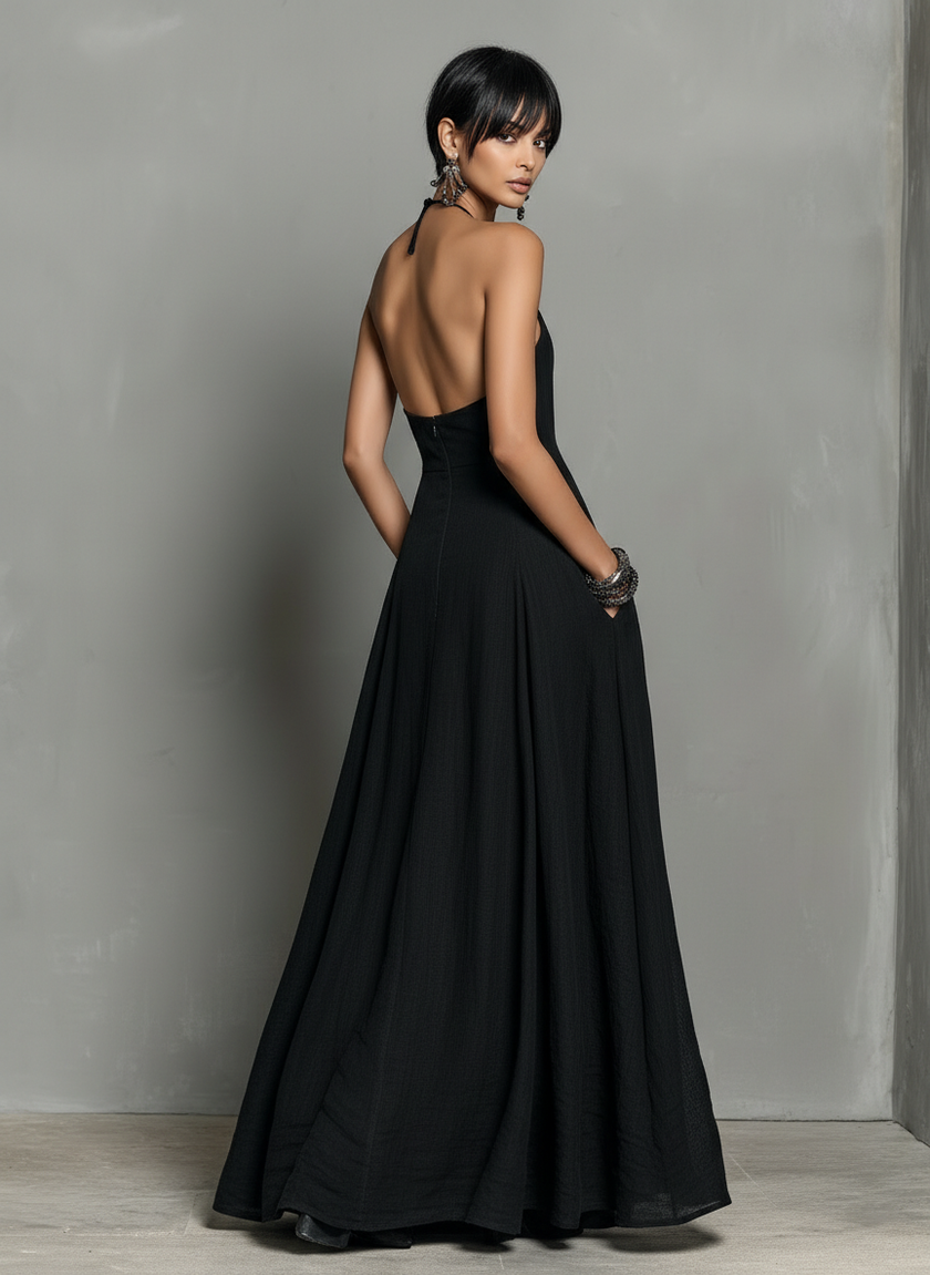 Linen Halter Neck Maxi Dress For Women