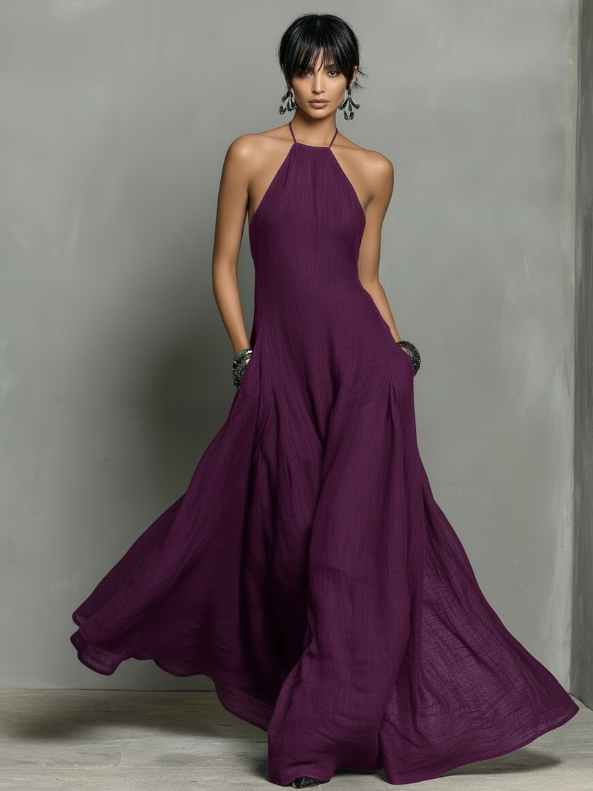 Linen Halter Neck Maxi Dress For Women