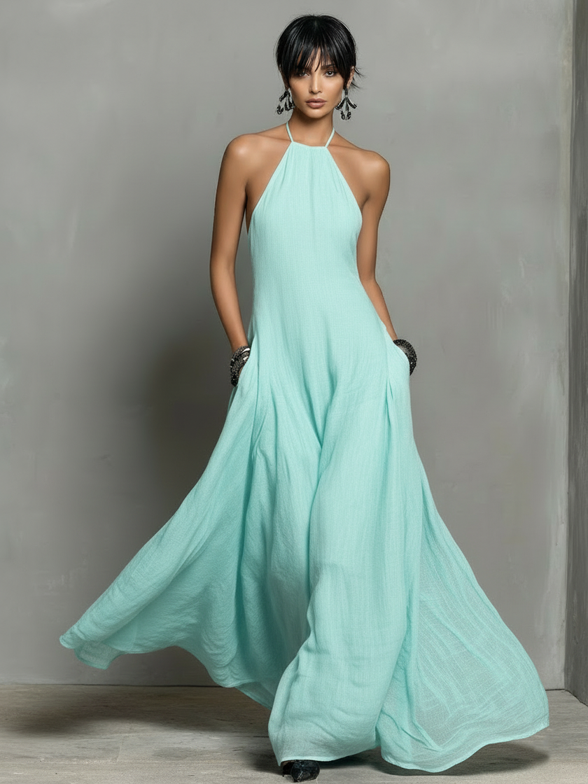 Linen Halter Neck Maxi Dress For Women