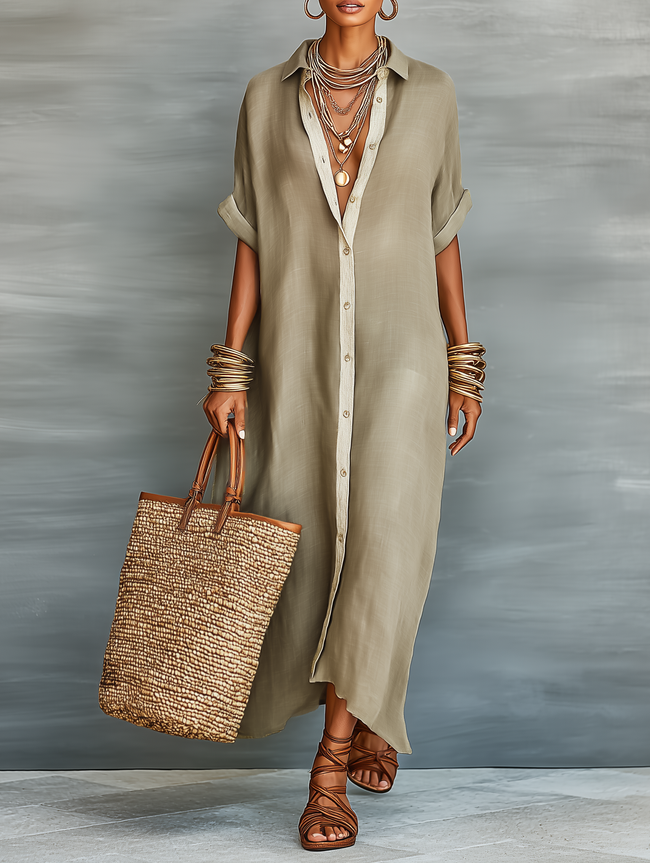 FJØRNA linen maxi dress for women, flowing sleeveless dress with a relaxed fit and natural linen fabric, shown on a model.