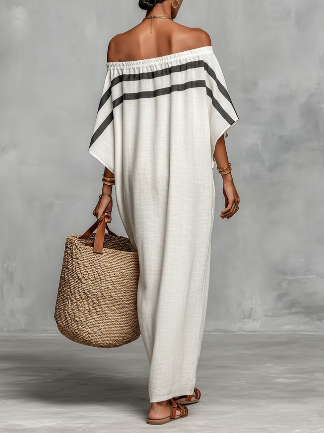 Linen off-shoulder maxi dress for women by FJØRNA, featuring a relaxed fit and flowing fabric perfect for warm weather.
