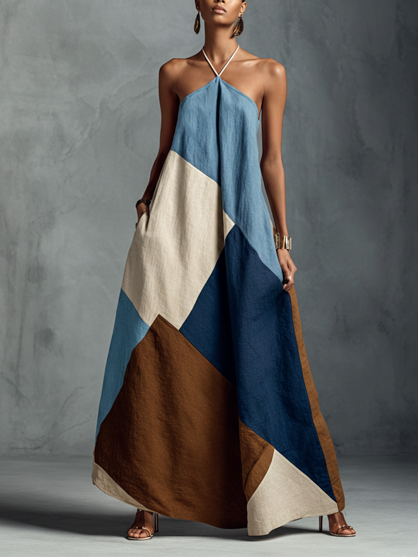 Linen Patchwork Maxi Dress | Casual Dress