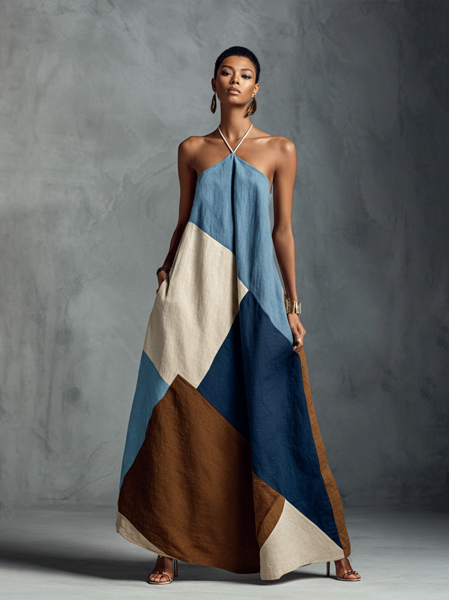FJØRNA linen patchwork maxi dress with casual, relaxed fit, featuring a flowing silhouette and patchwork design in natural linen fabric.