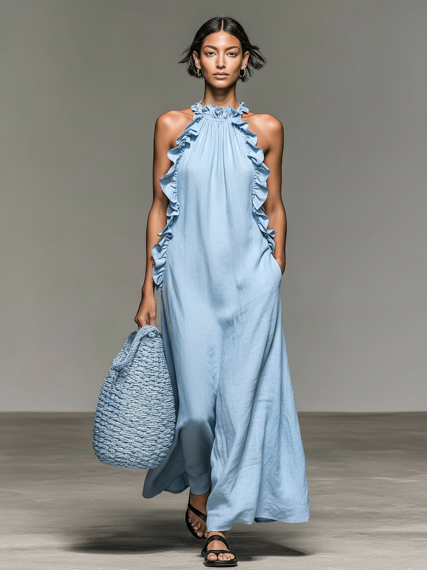 Linen Ruffle Maxi Dress For Women