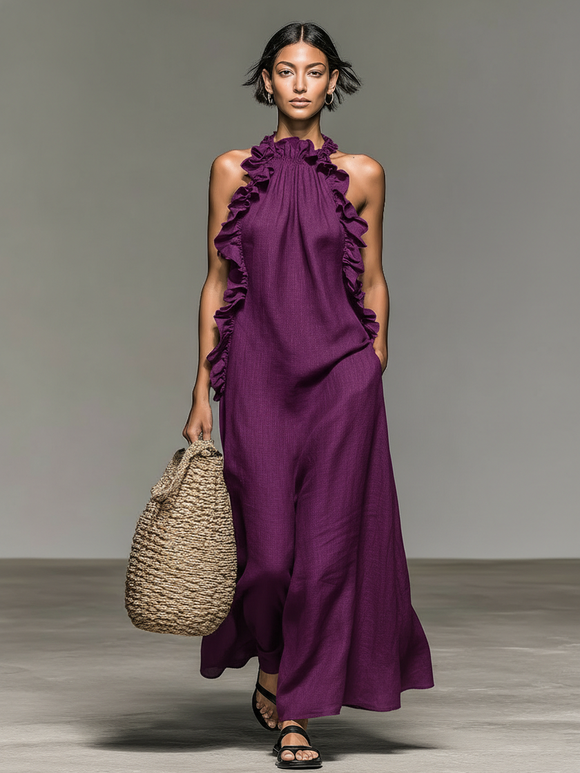 Linen Ruffle Maxi Dress For Women