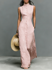 Linen sleeveless maxi dress for women by FJØRNA, featuring a flowy design, V-neckline, and ankle-length silhouette.