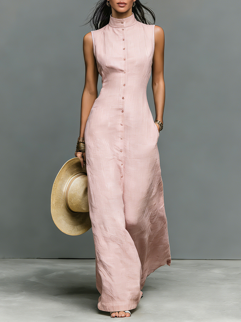 Linen sleeveless maxi dress for women by FJØRNA, featuring a flowy design, V-neckline, and ankle-length silhouette.
