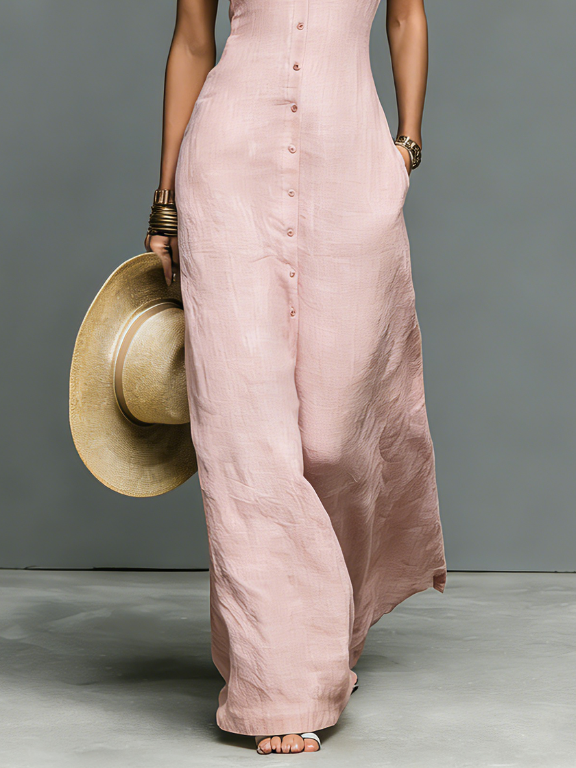FJØRNA linen sleeveless maxi dress for women, flowing lightweight dress with a relaxed fit and elegant design.