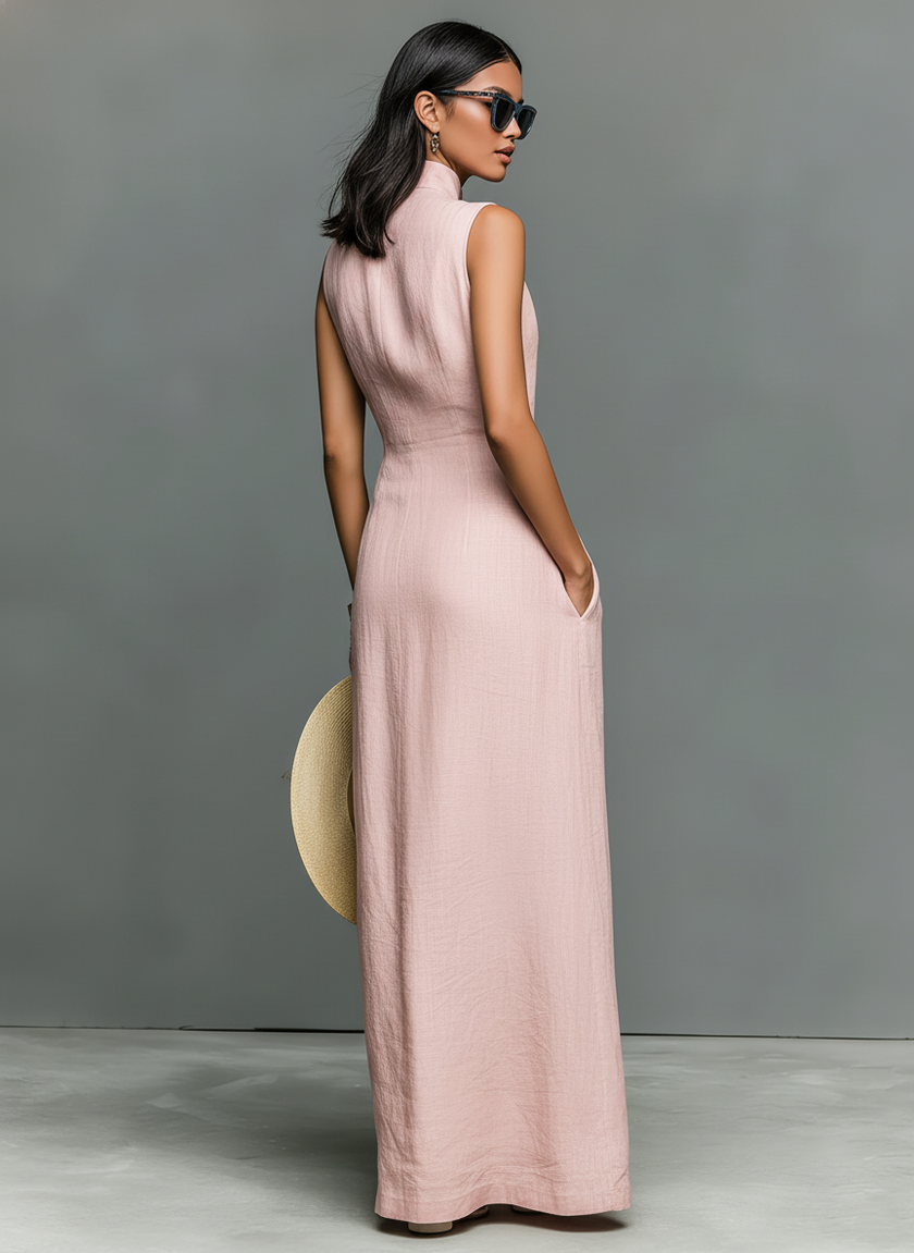 FJØRNA linen sleeveless maxi dress for women, flowing lightweight dress with a relaxed fit and natural fabric texture.