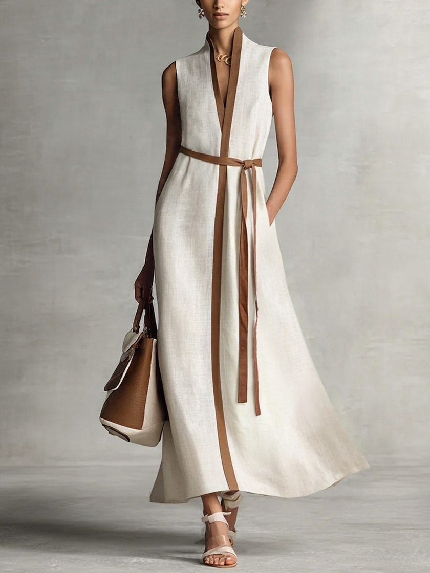 FJØRNA linen V-neck maxi dress for women, flowy sleeveless dress with a relaxed fit and natural fabric in a stylish design.