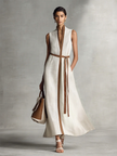 FJØRNA linen v-neck maxi dress for women, flowing sleeveless dress with a relaxed fit and elegant V-neck design.