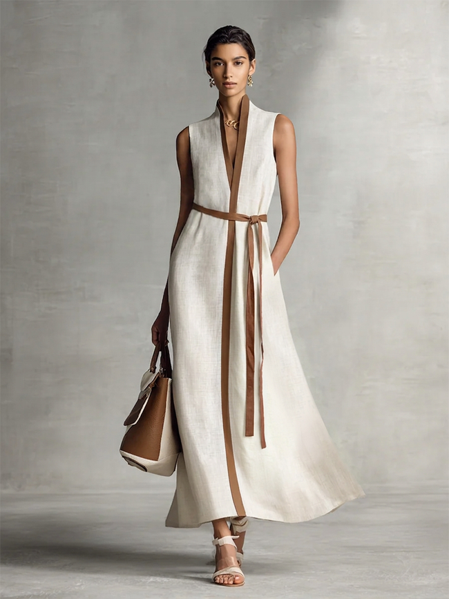 FJØRNA linen v-neck maxi dress for women, flowing sleeveless dress with a relaxed fit and elegant V-neck design.