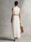 FJØRNA linen V-neck maxi dress for women, featuring a flowing design and lightweight fabric, perfect for casual or summer wear.