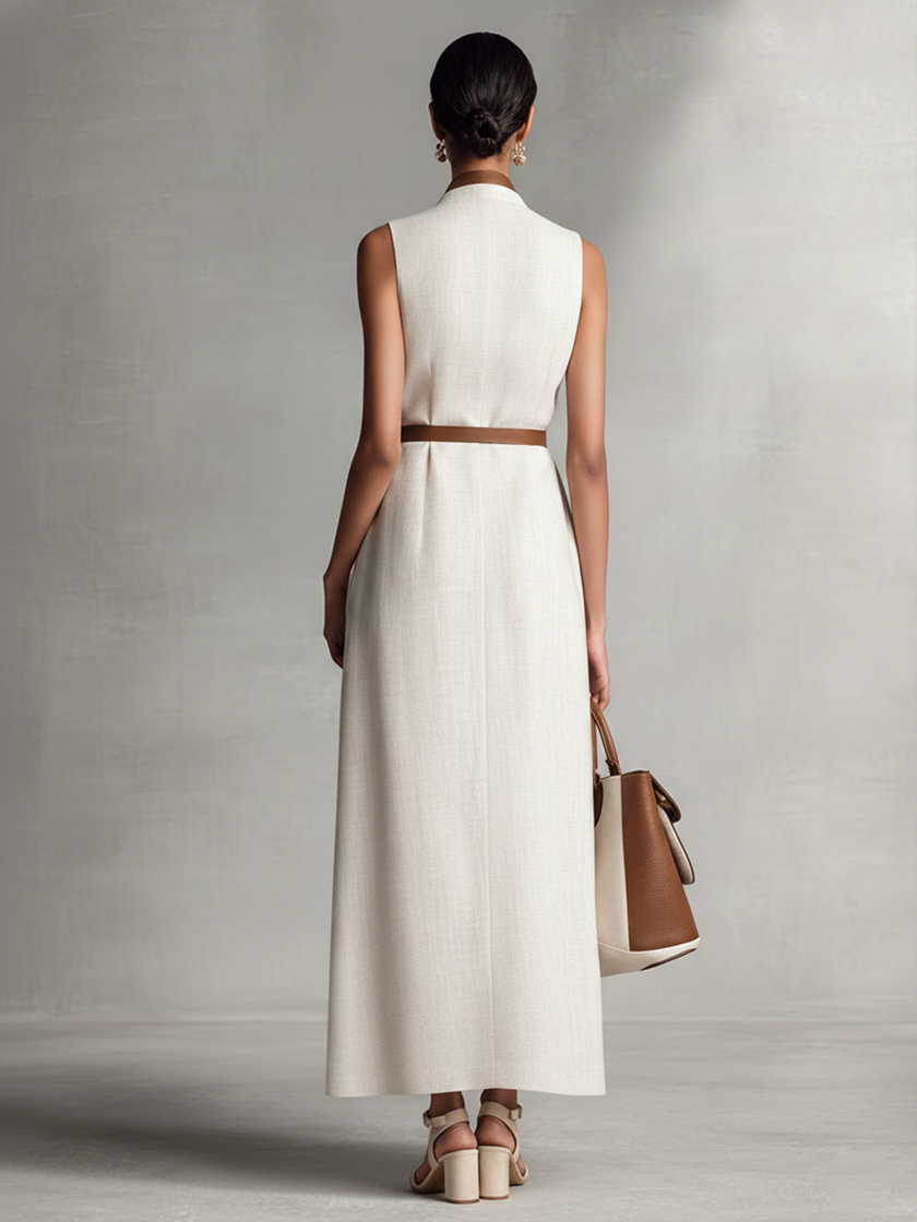 FJØRNA linen V-neck maxi dress for women, featuring a flowing design and lightweight fabric, perfect for casual or summer wear.