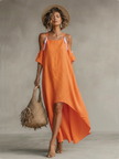 FJØRNA linen women's casual dress with a relaxed fit, featuring a sleeveless design and lightweight fabric for comfortable everyday wear.