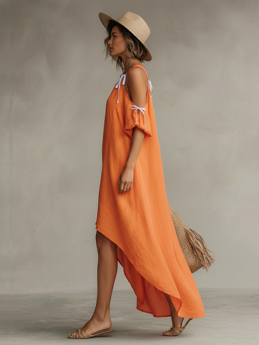 FJØRNA linen women's casual dress with a relaxed fit, featuring a flowing silhouette and short sleeves, perfect for warm weather.