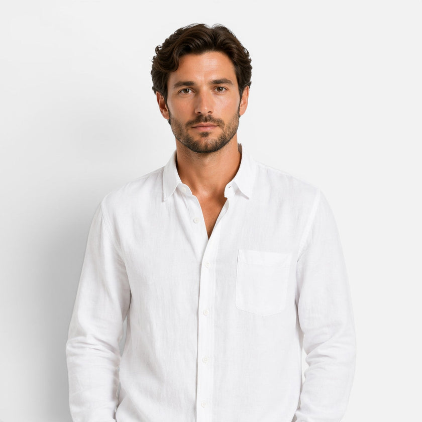 Men's linen summer outfit by FJØRNA featuring a breathable, lightweight two-piece set with a collar and button details.