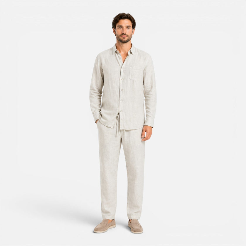 Men's FJØRNA linen summer outfit set with breathable, lightweight fabric, including a collar shirt and matching pants.